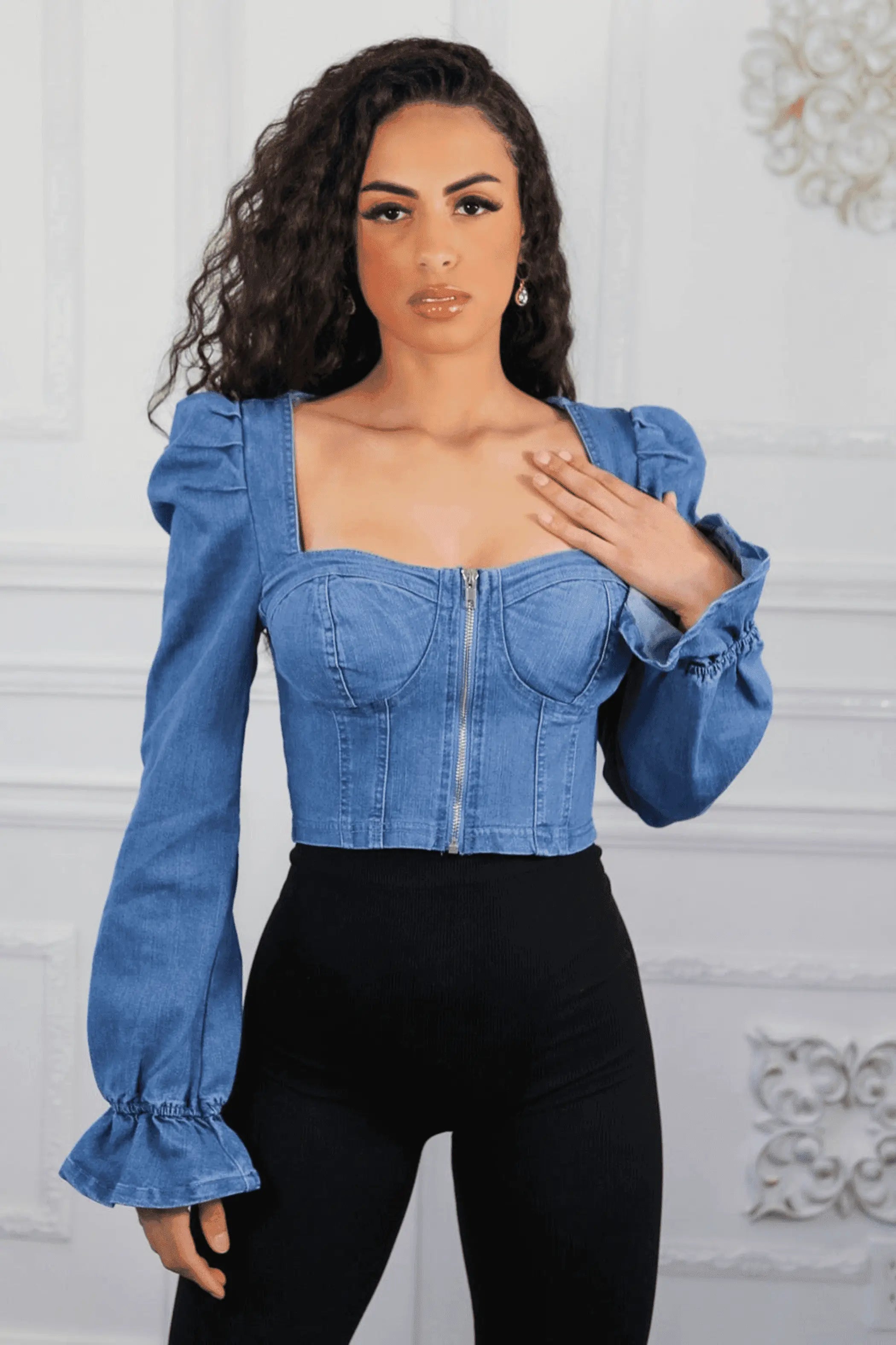 Puff Sleeves Front Zippe Denim Top SurelyMine