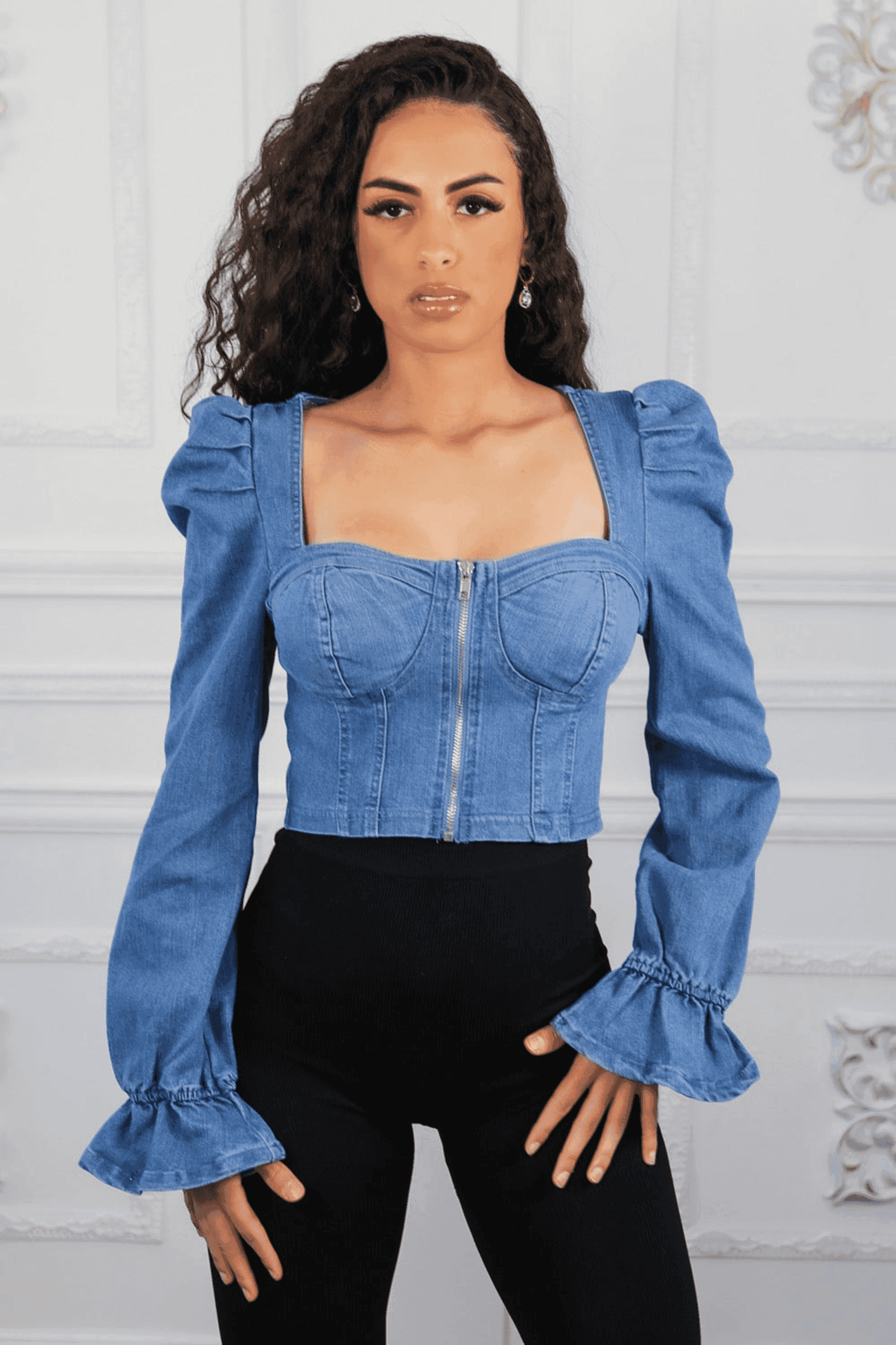 Puff Sleeves Front Zippe Denim Top SurelyMine