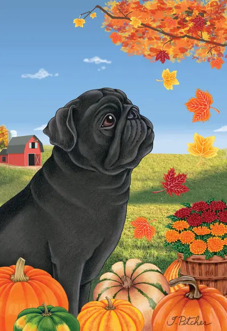 Pug  Black- Tomoyo Pitcher Autumn Leaves Outdoor Flag Best of Breed