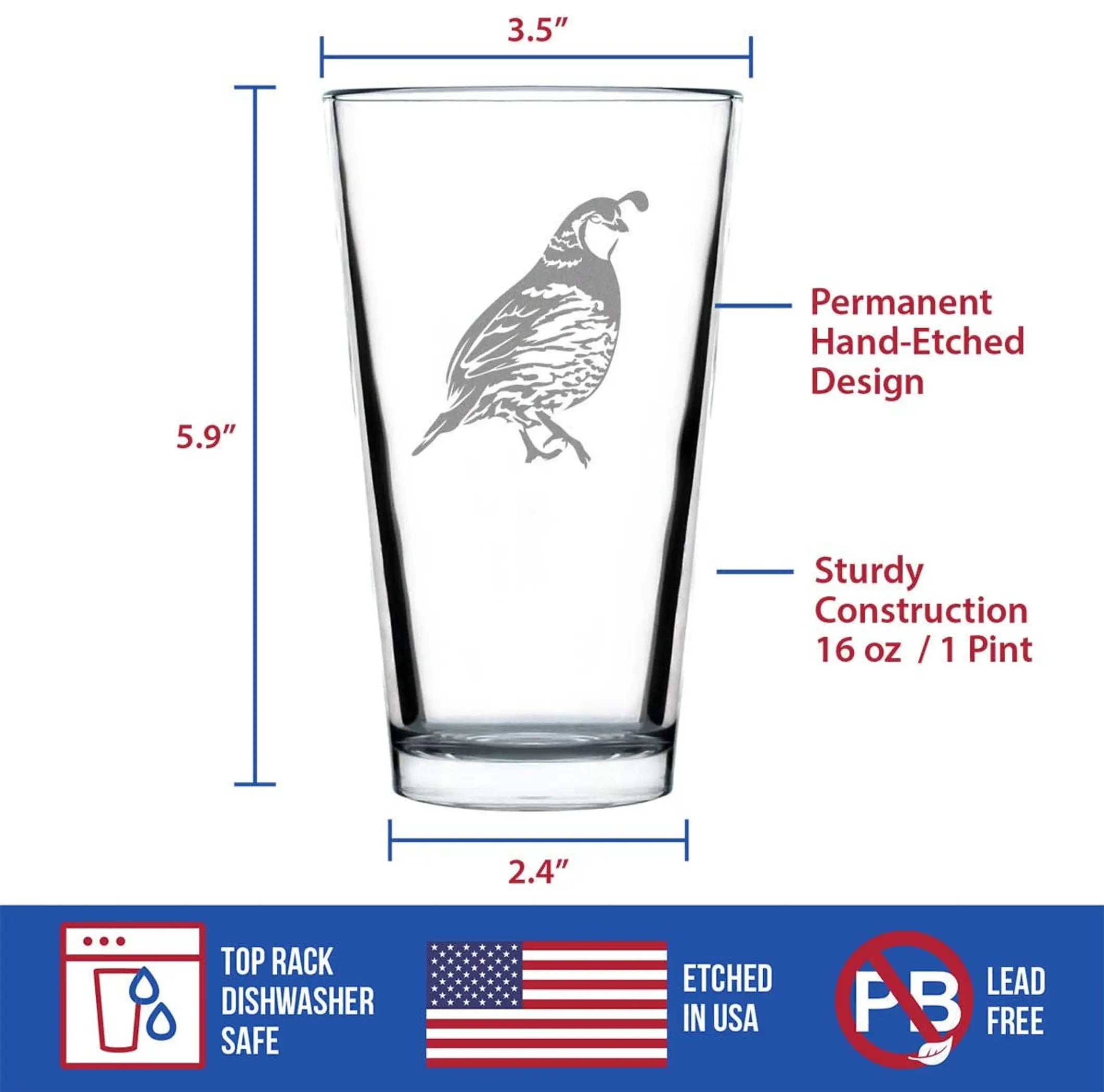 Quail Pint Glass for Beer - Bird Hunting Gifts and Decor Bevvee