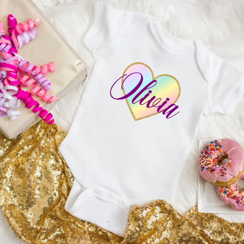 Rainbow Heart Personalized Baby Girl Bodysuit Dream Team Designs