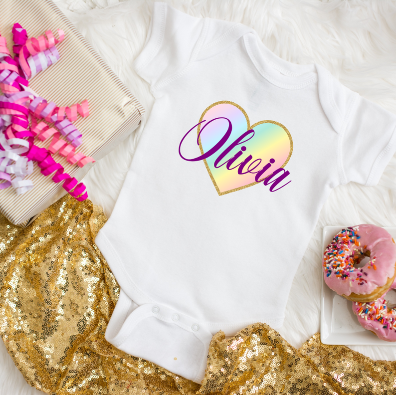Rainbow Heart Personalized Baby Girl Bodysuit Dream Team Designs
