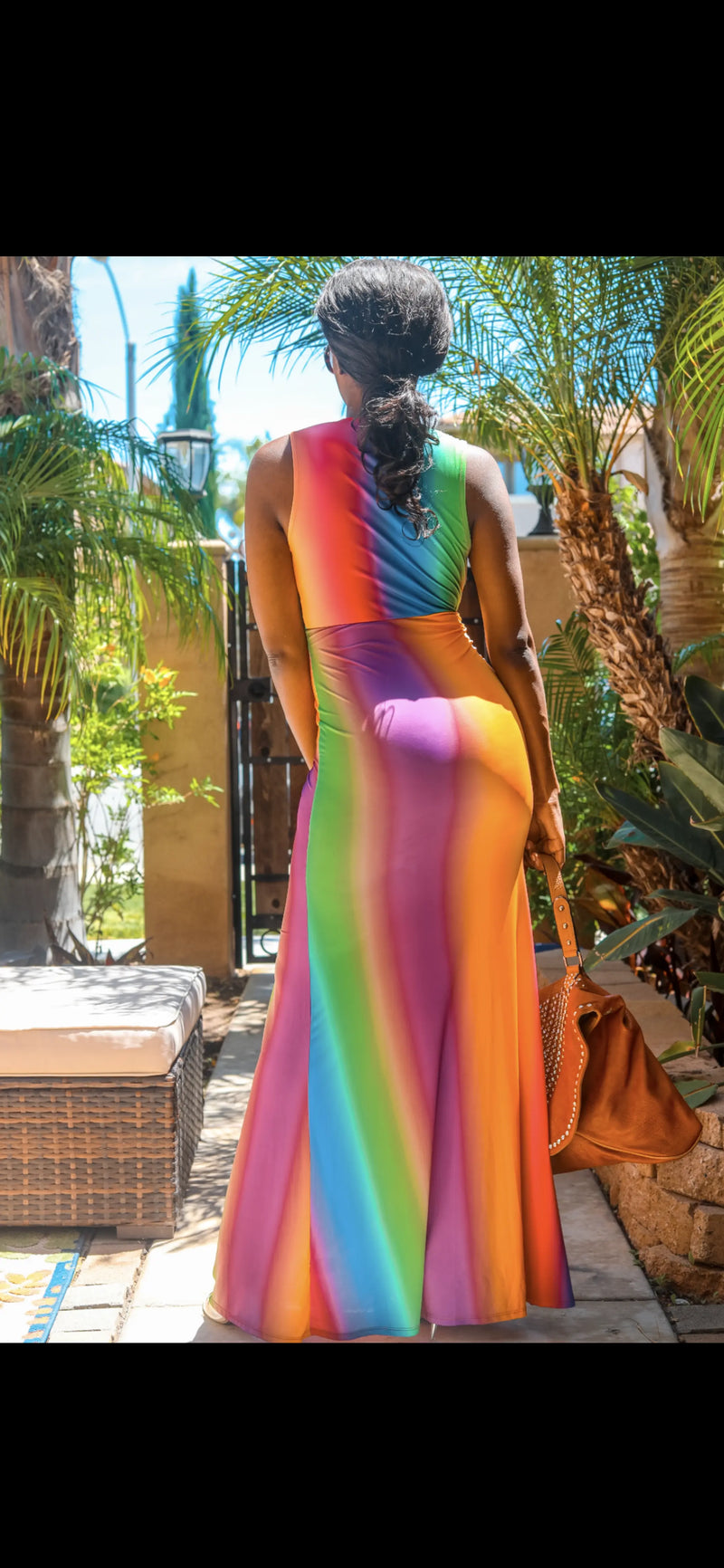Rainbow Multi Color Plunged Neck with Ruch details Maxi Dress SurelyMine