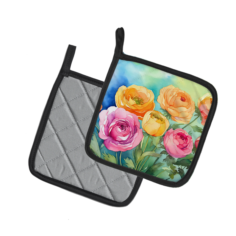 Ranunculus in Watercolor Pair of Pot Holders Caroline's Treasures