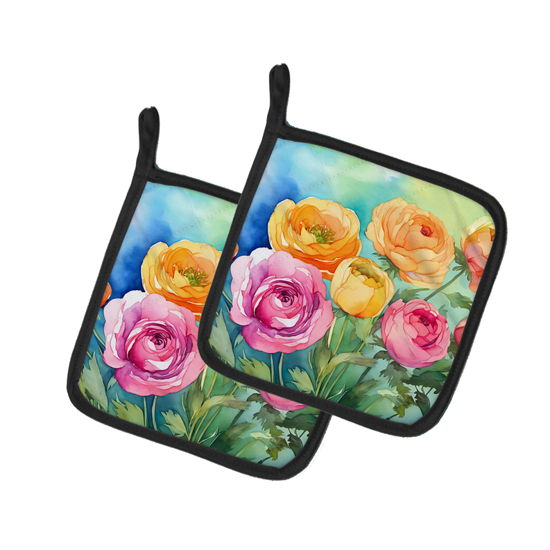 Ranunculus in Watercolor Pair of Pot Holders Caroline's Treasures