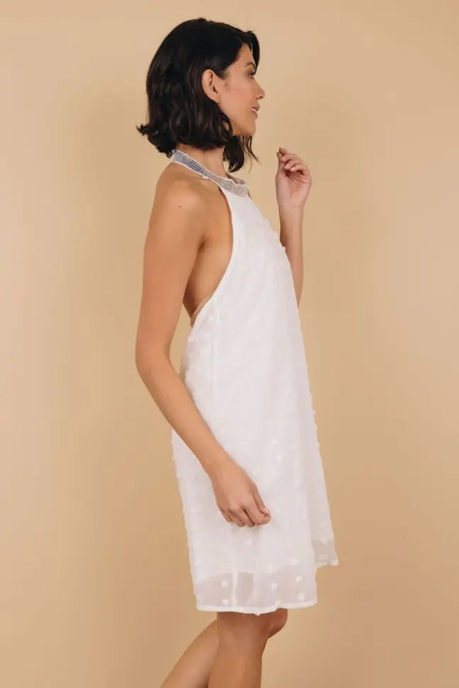 Raquel Sleeveless Pompom Mini Dress Stay Warm in Style