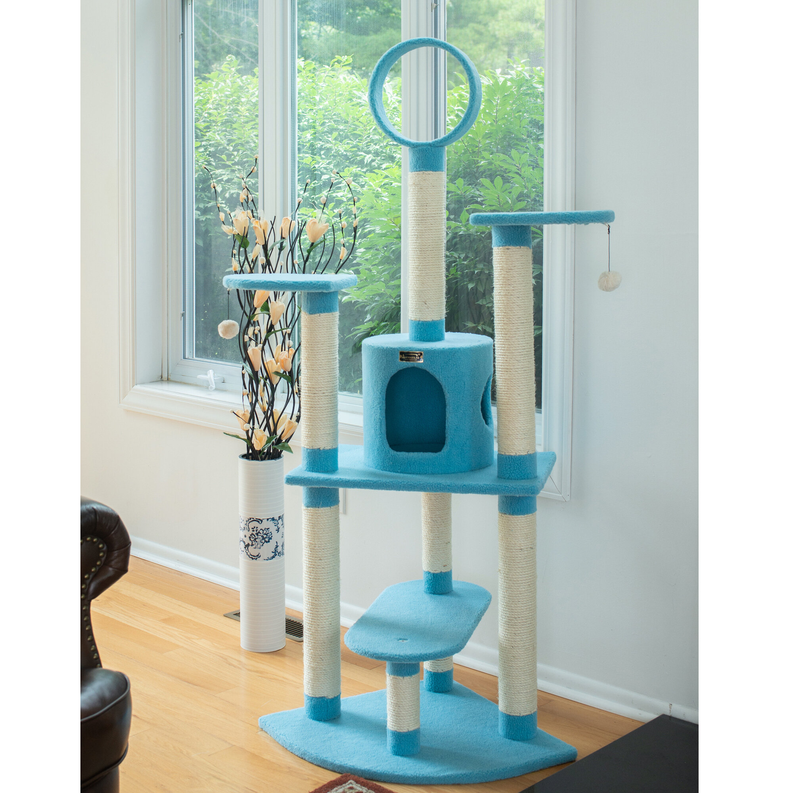 Real Wood 65-Inch Classic Cat Tree In Sky Blue 5-Level Condo AeroMark