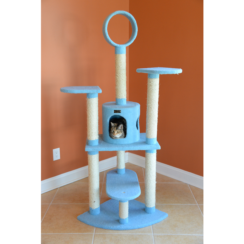 Real Wood 65-Inch Classic Cat Tree In Sky Blue 5-Level Condo AeroMark