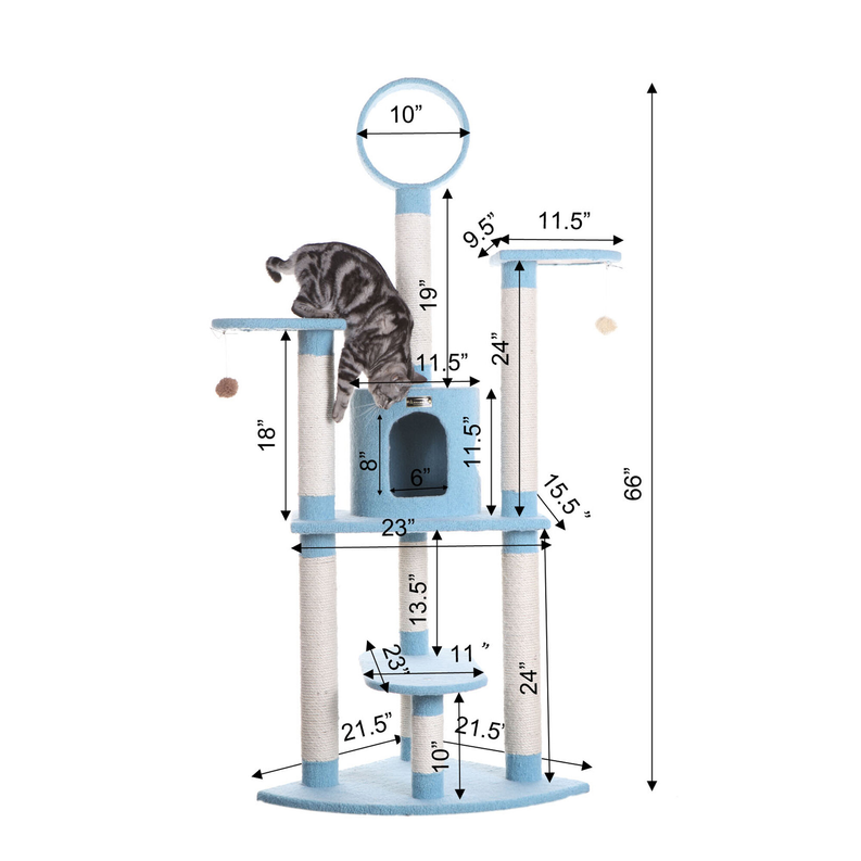 Real Wood 65-Inch Classic Cat Tree In Sky Blue 5-Level Condo AeroMark