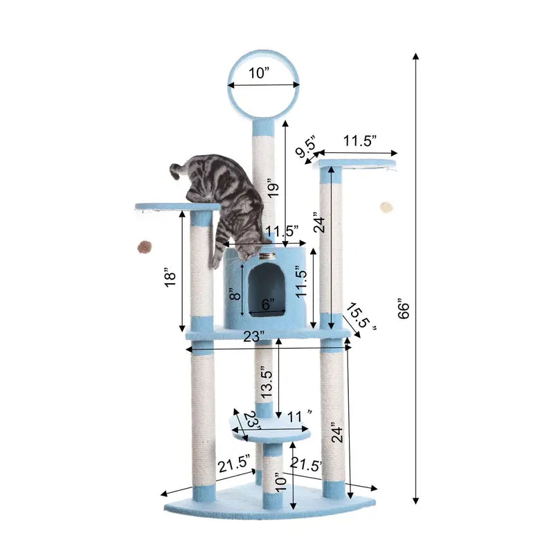 Real Wood 65-Inch Classic Cat Tree In Sky Blue 5-Level Condo AeroMark