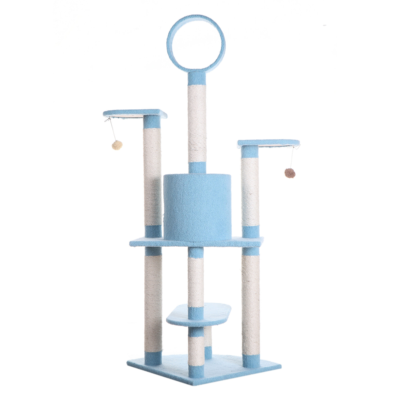 Real Wood 65-Inch Classic Cat Tree In Sky Blue 5-Level Condo AeroMark