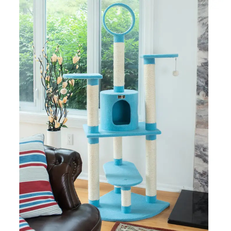 Real Wood 65-Inch Classic Cat Tree In Sky Blue 5-Level Condo AeroMark