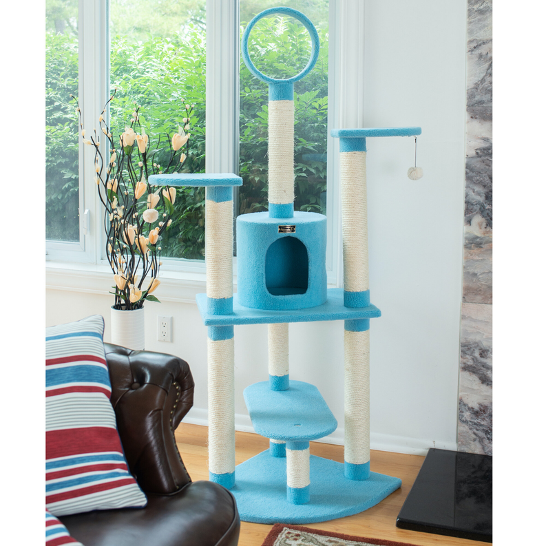 Real Wood 65-Inch Classic Cat Tree In Sky Blue 5-Level Condo AeroMark