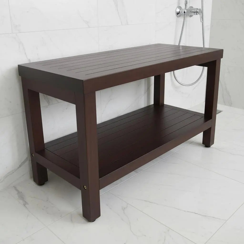 Rectangular Teak Shower Stool Or Bench With Shelf In Brown Finish Homeroots Bed & Bath