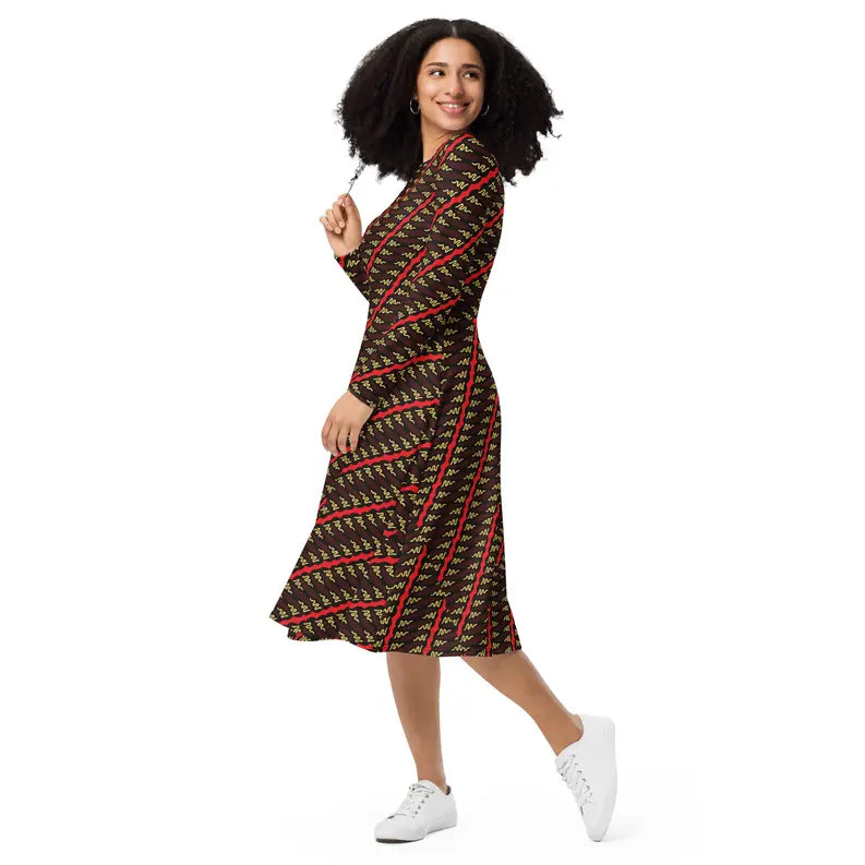 Red and Brown African Print Long Sleeve Midi Dress Adirelounge