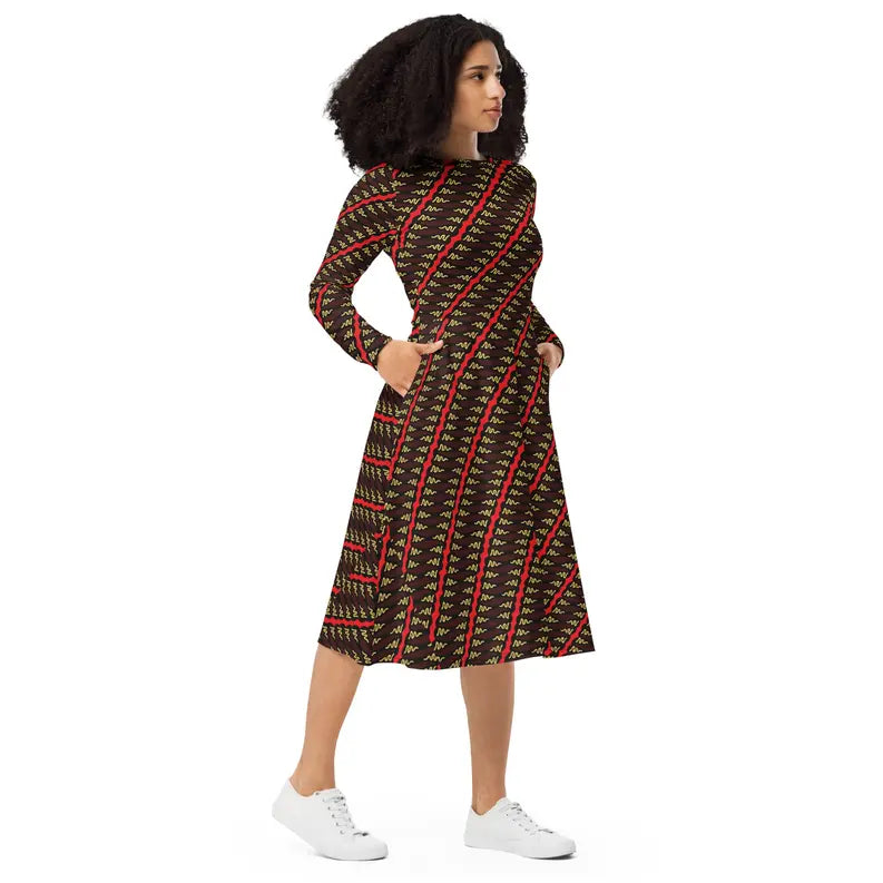 Red and Brown African Print Long Sleeve Midi Dress Adirelounge