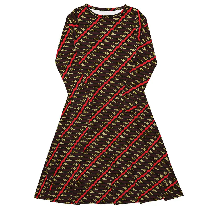 Red and Brown African Print Long Sleeve Midi Dress Adirelounge