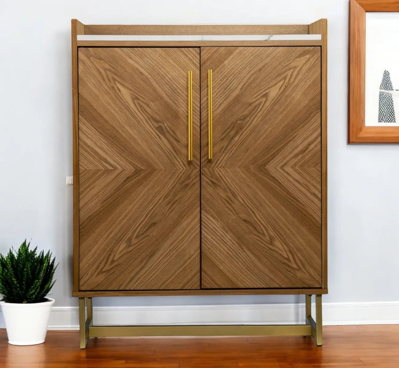 Retro Gold Natural and Faux Marble Wine Cabinet Homeroots Kitchen & Dining