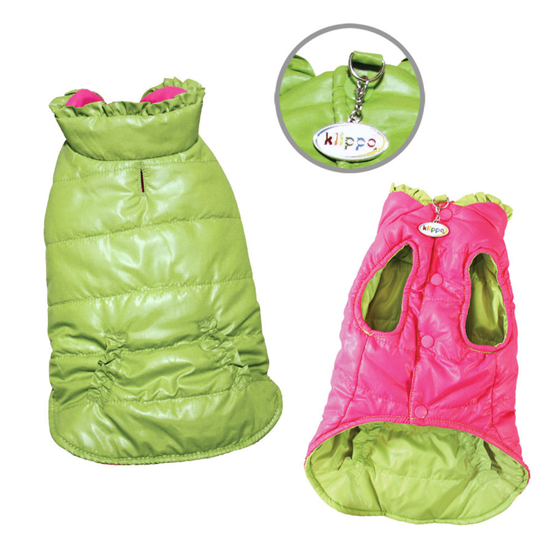 Reversible Parka Vest with Ruffle Trims - Lime/Pink Klippo
