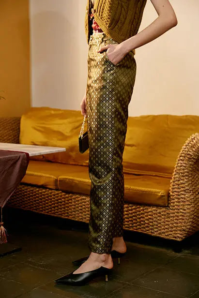 Rimless | Golden Green Jacquard High Waist Pant Fangyan