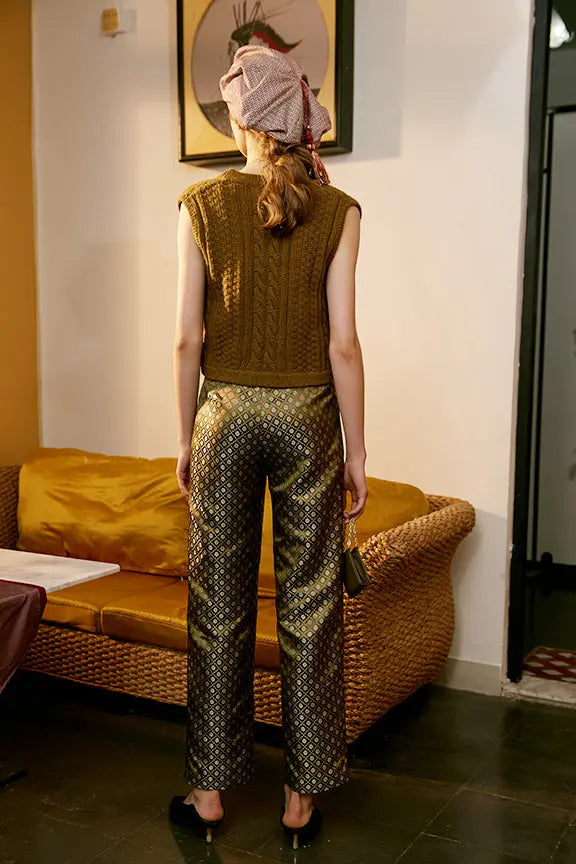 Rimless | Golden Green Jacquard High Waist Pant Fangyan
