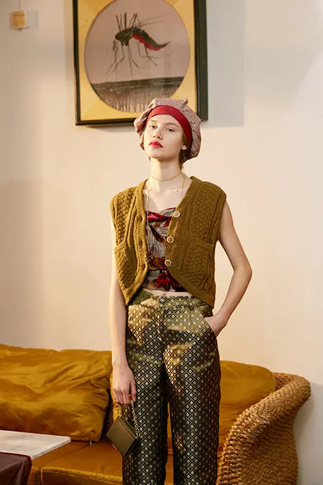 Rimless | Golden Green Jacquard High Waist Pant Fangyan