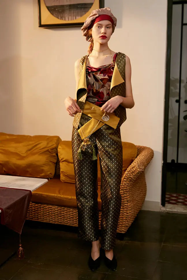 Rimless | Golden Green Jacquard High Waist Pant Fangyan