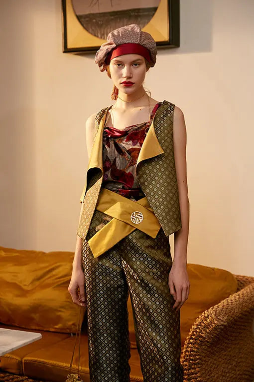Rimless | Golden Green Jacquard High Waist Pant Fangyan