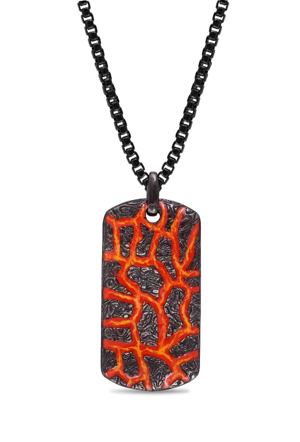 Rivers of Fire Black Rhodium Plated Sterling Silver Textured Red Orange Enamel Tag Luv My Jewelry