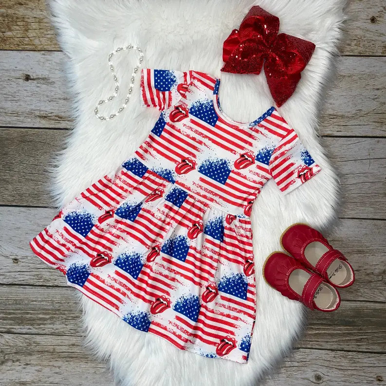 Rock Band Americana Printed Short Sleeve Dress Stella Bean Clothing