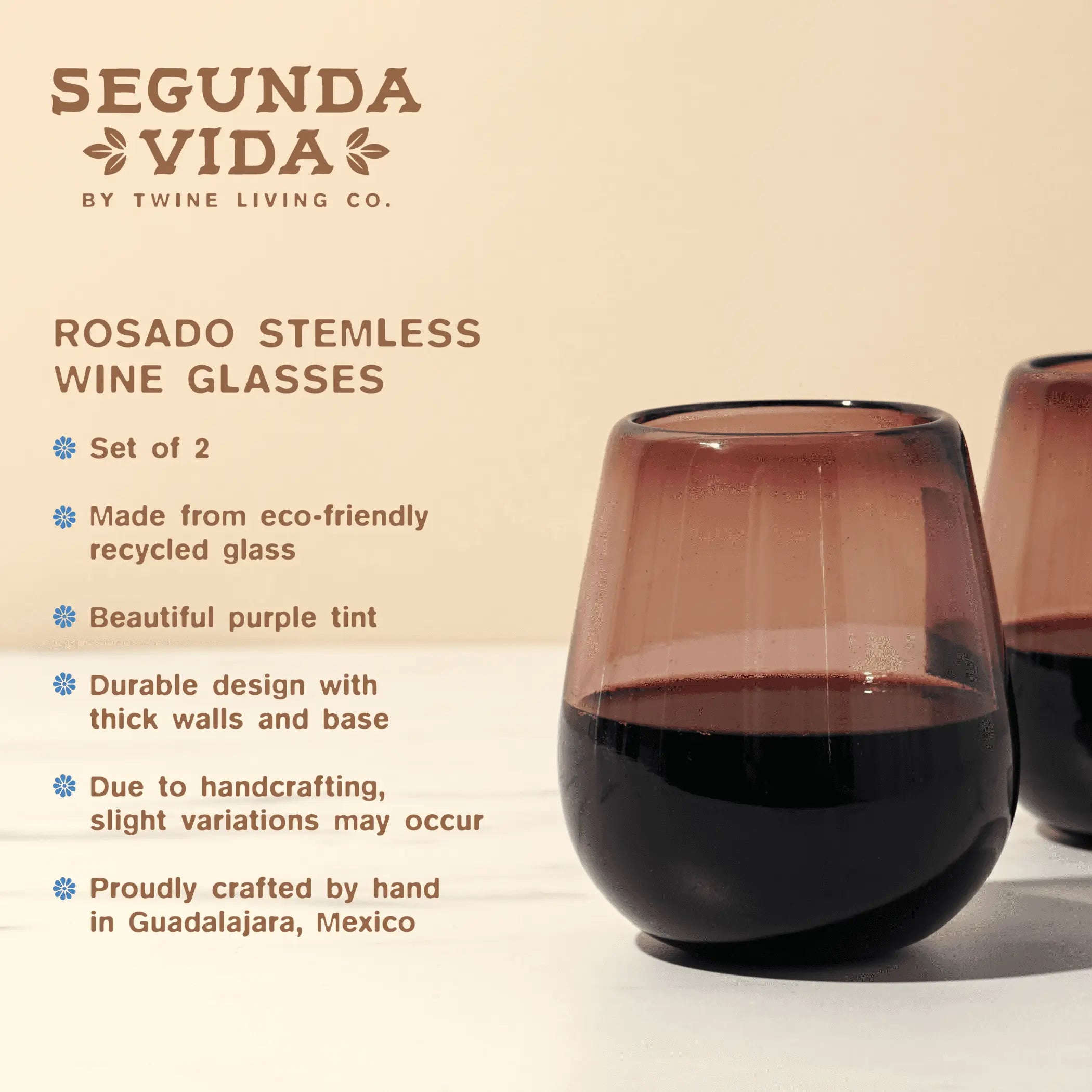 Rosado Recycled Stemless Wine Glass Set by Twine Living Twine