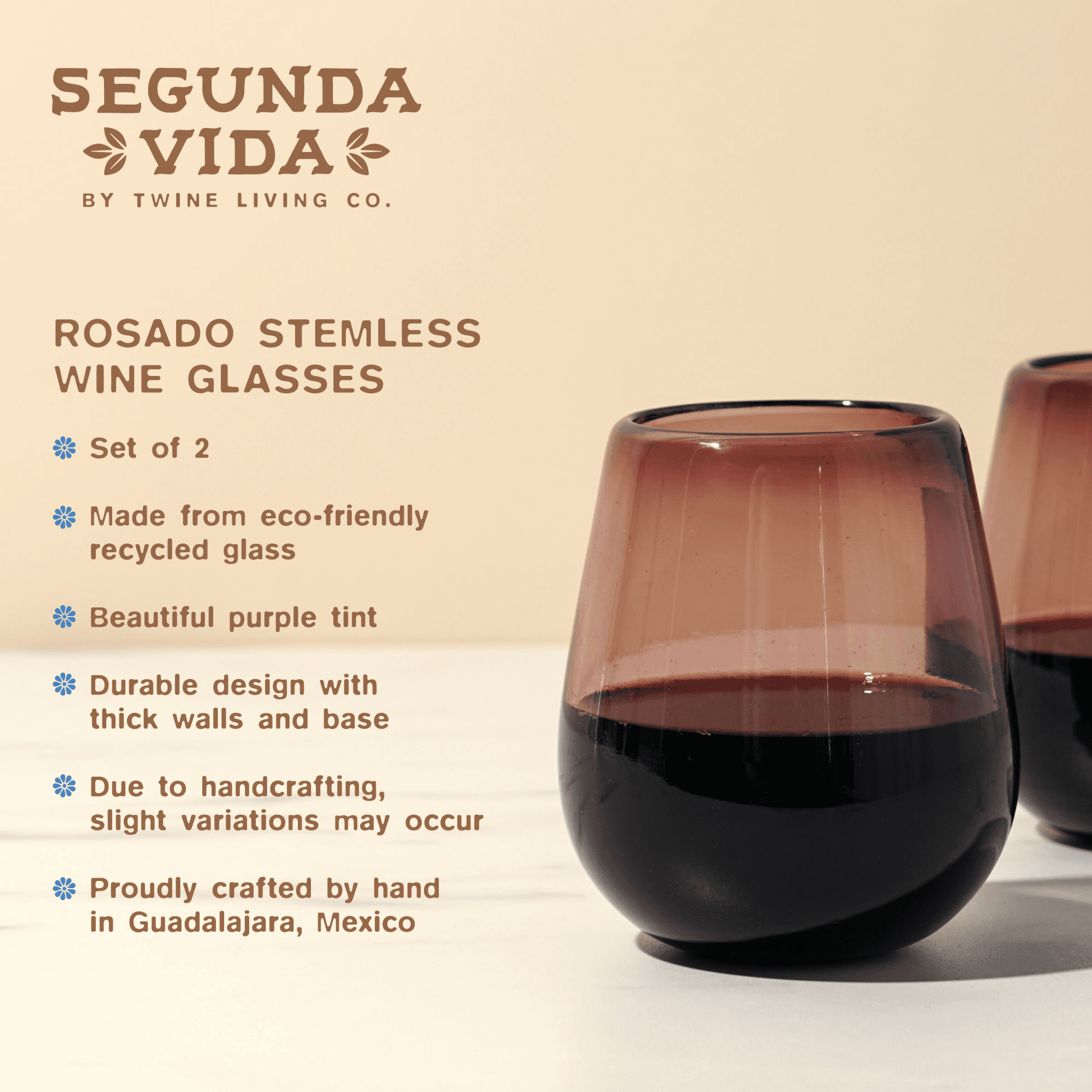Rosado Recycled Stemless Wine Glass Set by Twine Living Twine
