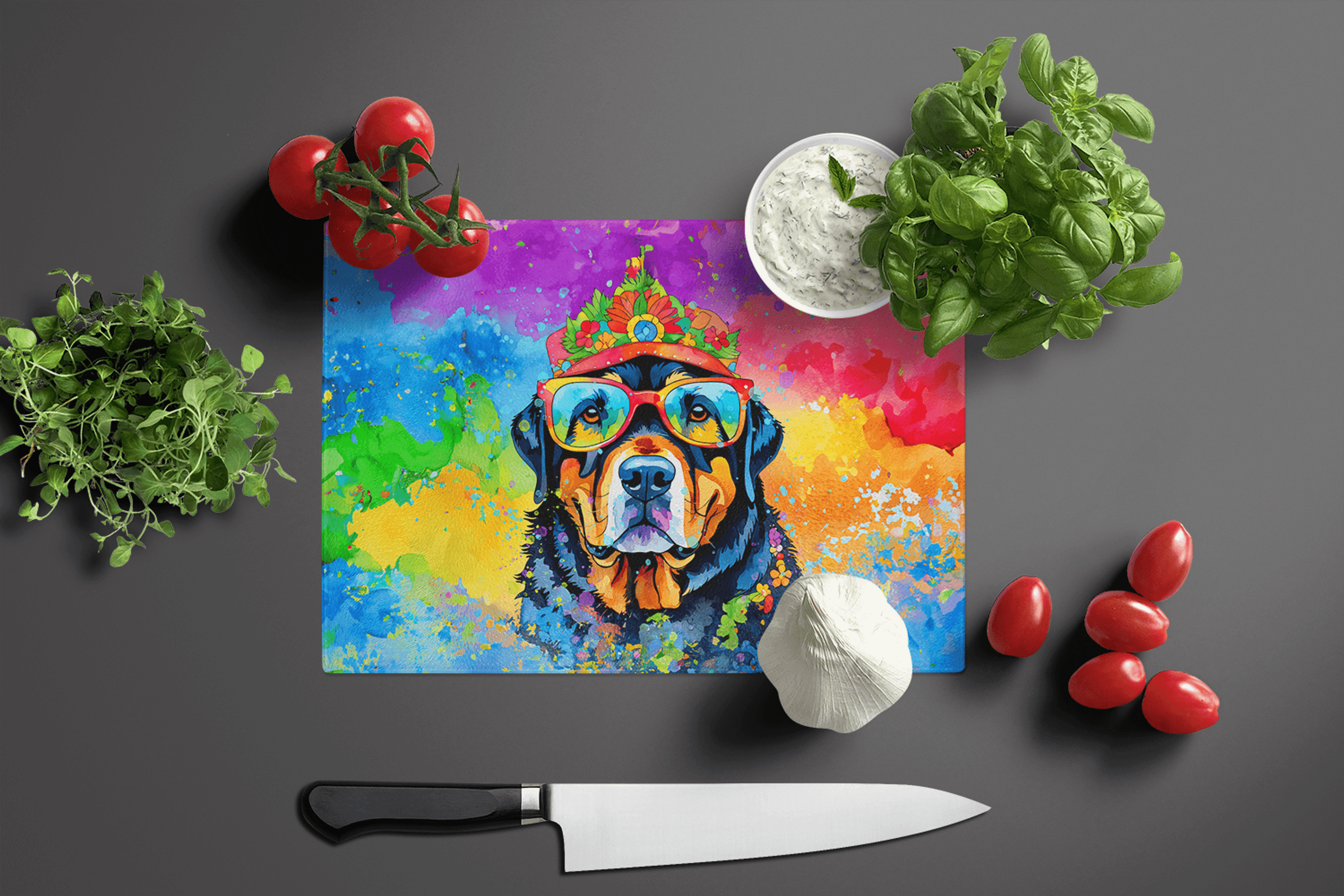 Rottweiler Hippie Dawg Glass Cutting Board Caroline's Treasures