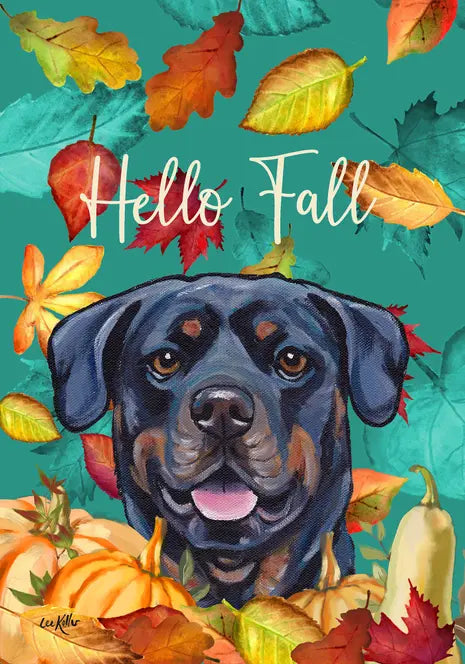 Rottweiler - Hippie Hound Studios Fall Leaves  House and Garden Flags Best of Breed