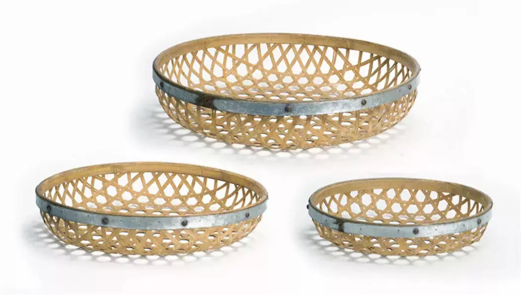 Round Woven Tray (Set of 3) 17"D, 20"D, 23.5"D Bamboo/Metal Melrose Intl.