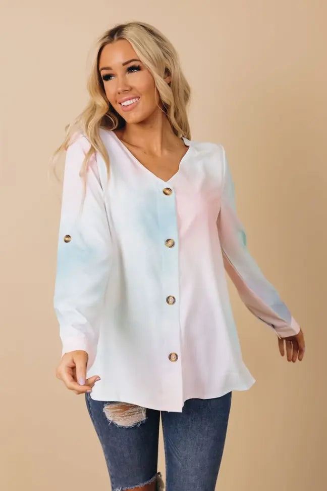 Ruban V-Neck Tie Dye Blouse Stay Warm in Style