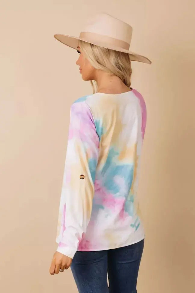 Ruban V-Neck Tie Dye Blouse Stay Warm in Style