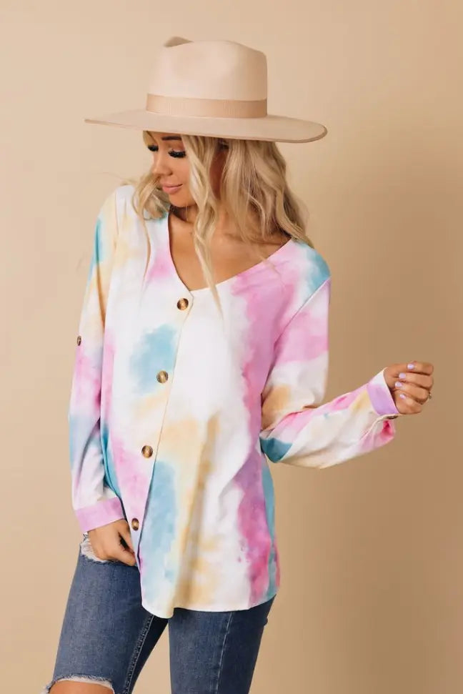 Ruban V-Neck Tie Dye Blouse Stay Warm in Style