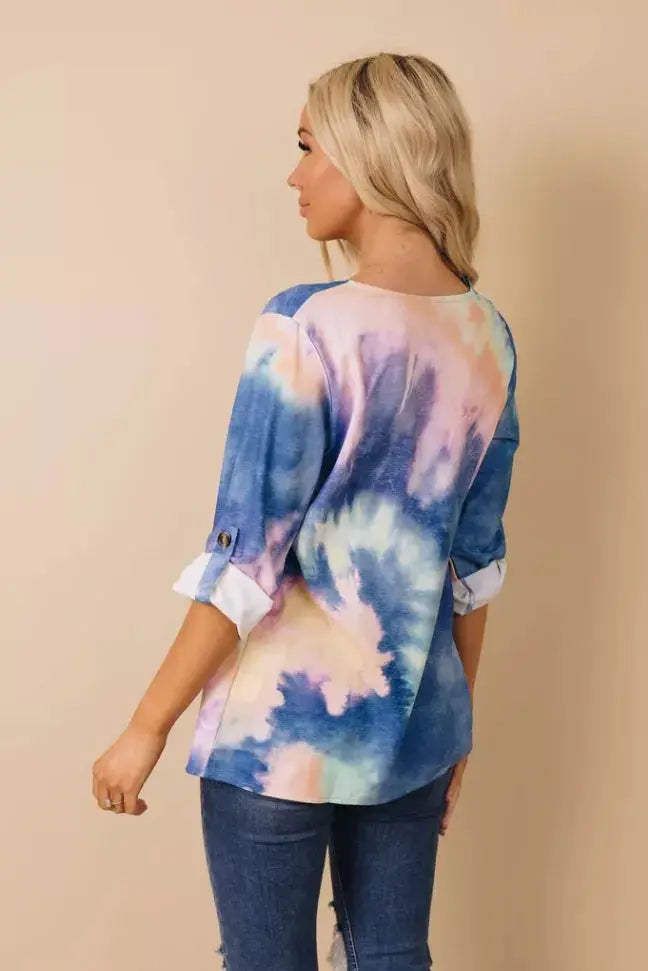 Ruban V-Neck Tie Dye Blouse Stay Warm in Style