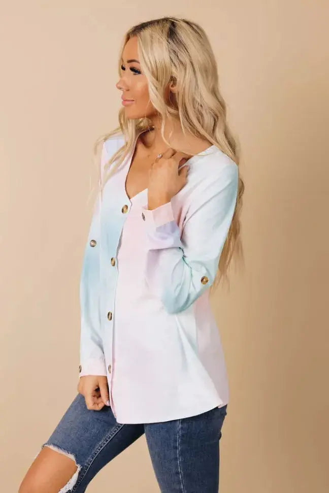 Ruban V-Neck Tie Dye Blouse Stay Warm in Style
