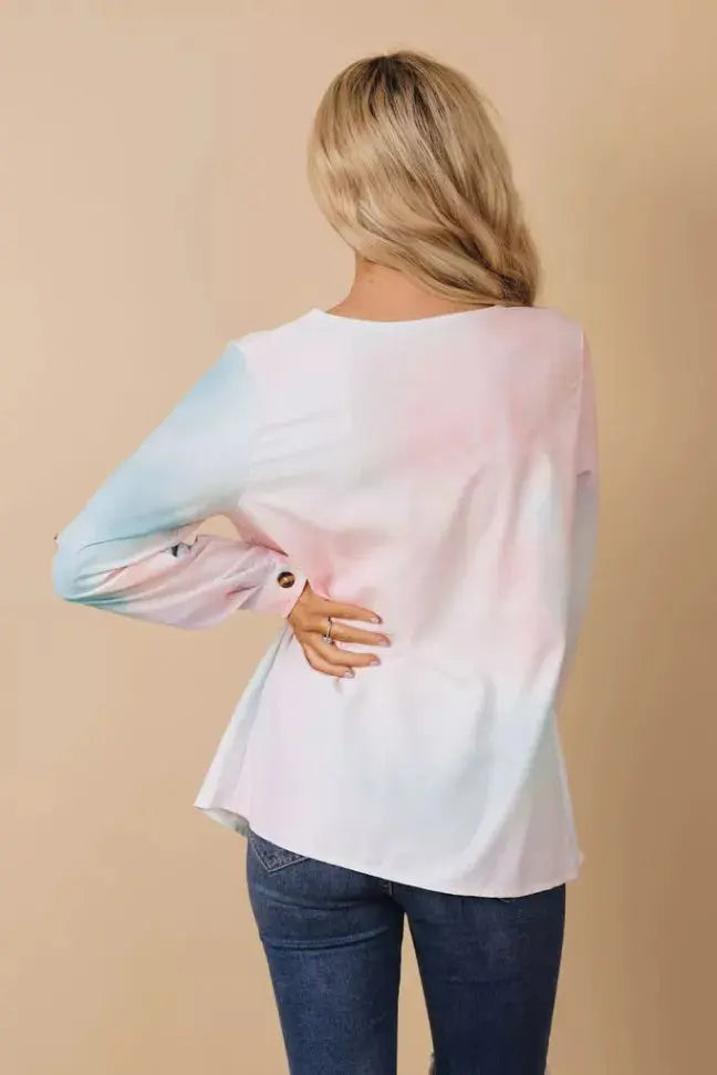Ruban V-Neck Tie Dye Blouse Stay Warm in Style