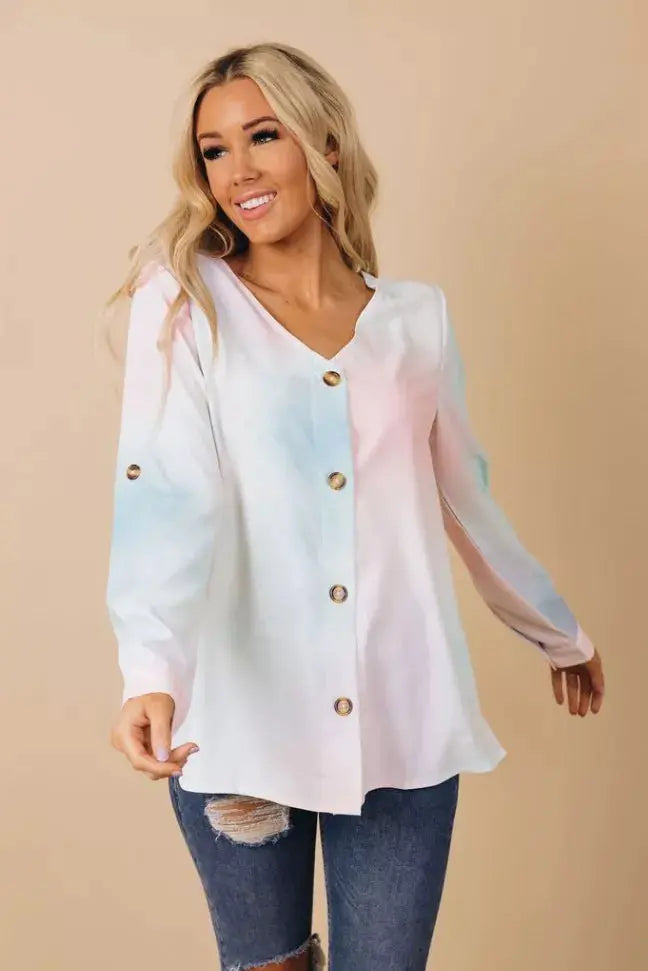 Ruban V-Neck Tie Dye Blouse Stay Warm in Style