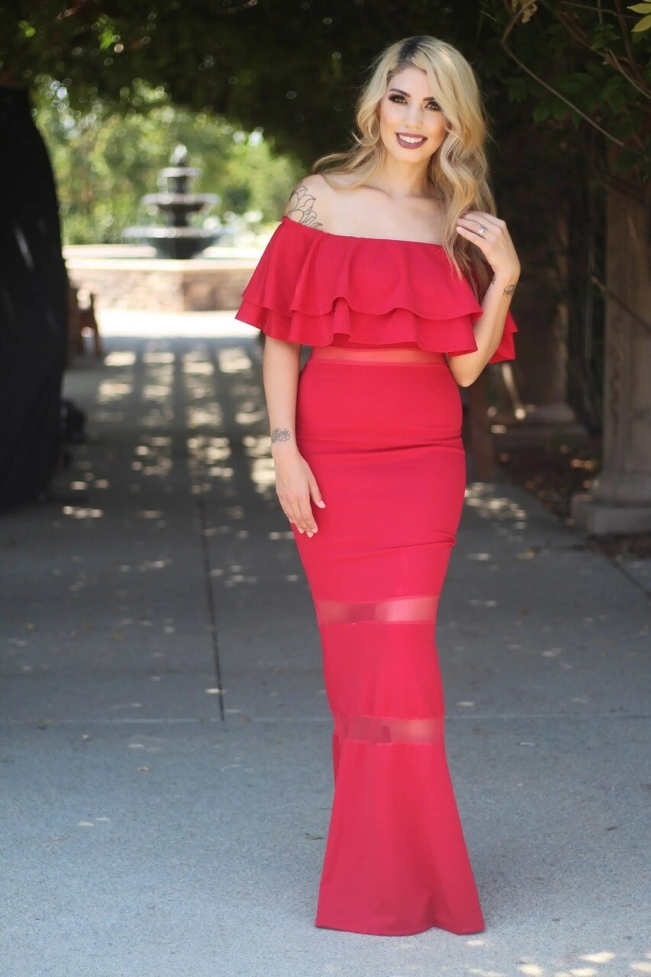 Ruffle Off The Shoulder Maxi Red Dress with Sheer Details SurelyMine