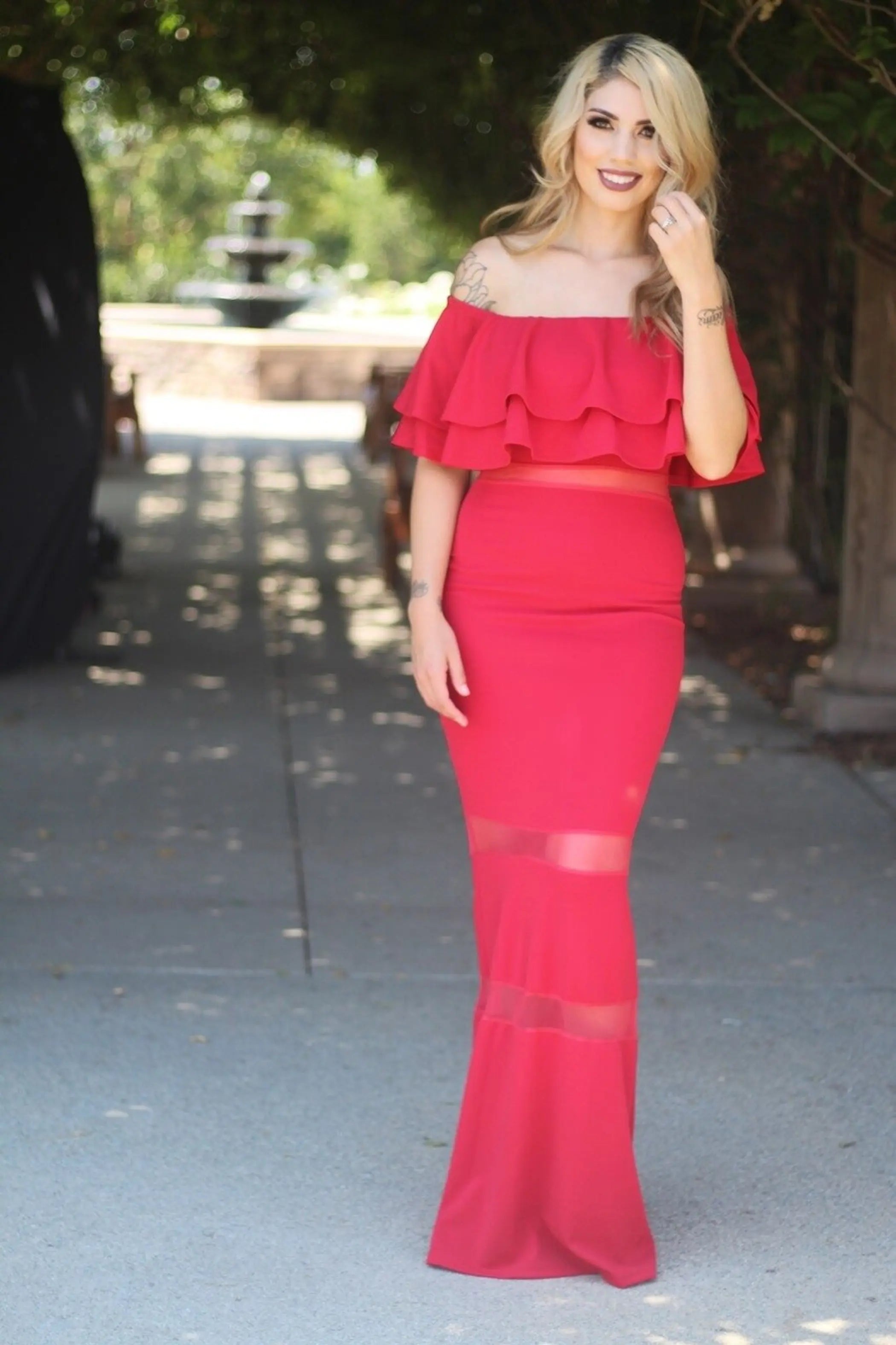 Ruffle Off The Shoulder Maxi Red Dress with Sheer Details SurelyMine