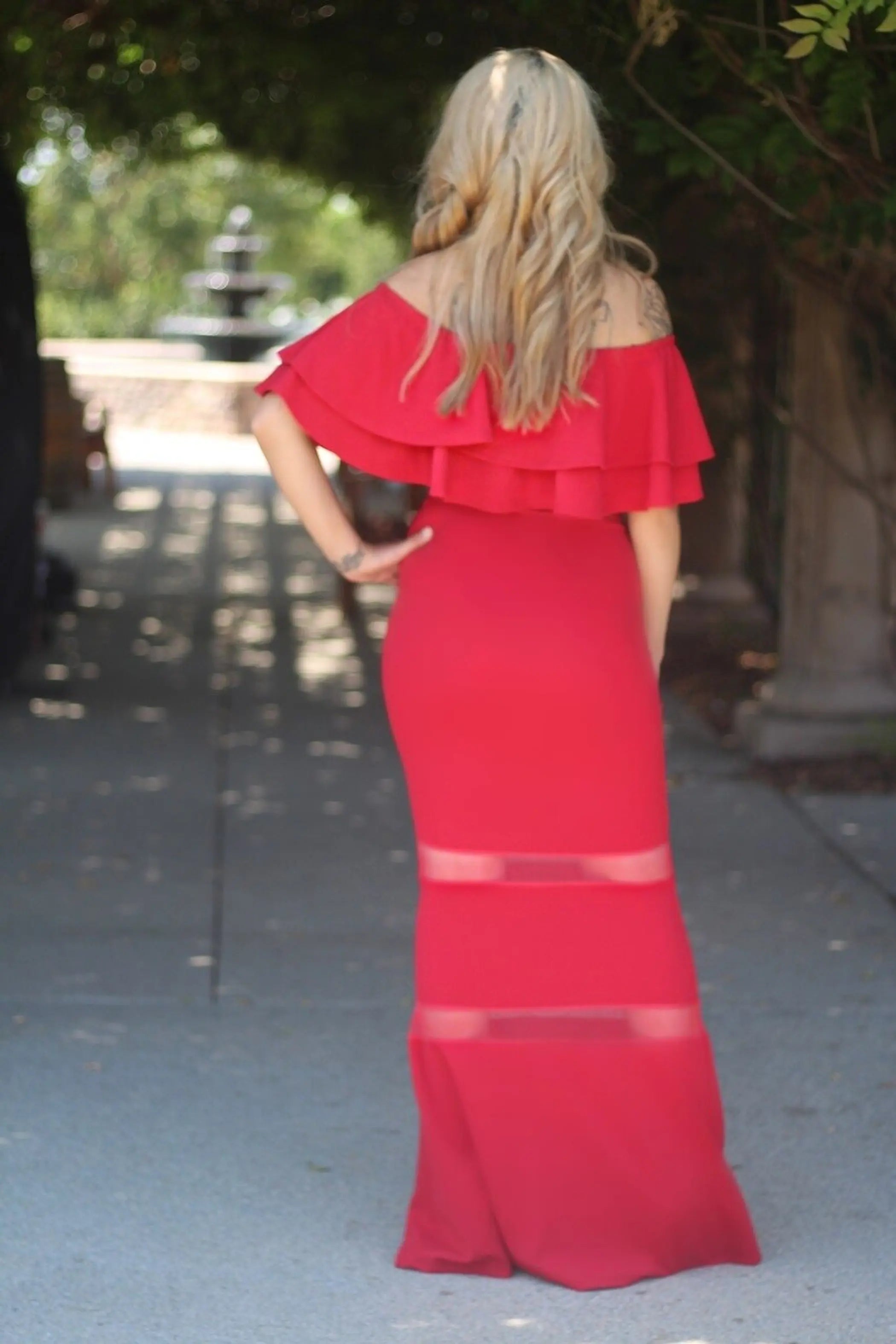 Ruffle Off The Shoulder Maxi Red Dress with Sheer Details SurelyMine