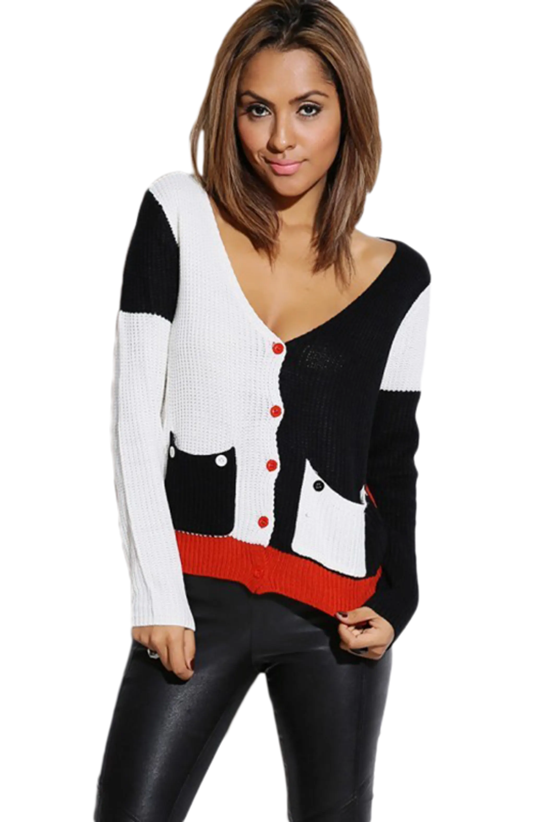 Rust Red/Black Color Block Sweater Knit Cardigan SurelyMine