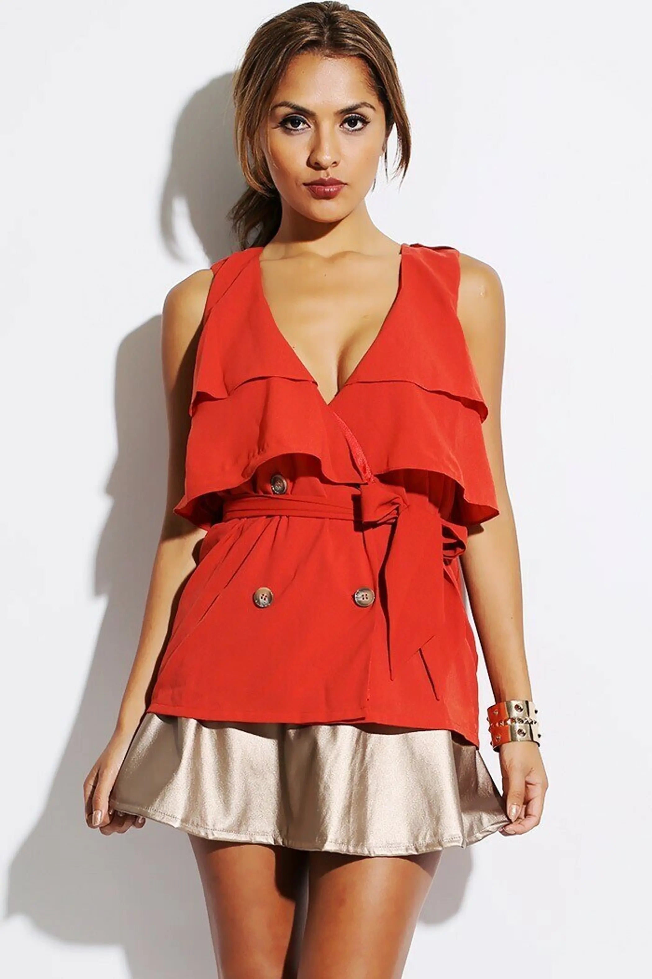 Rust Red Orange Ruffle Double Button Front Sash Tie Tank Top SurelyMine