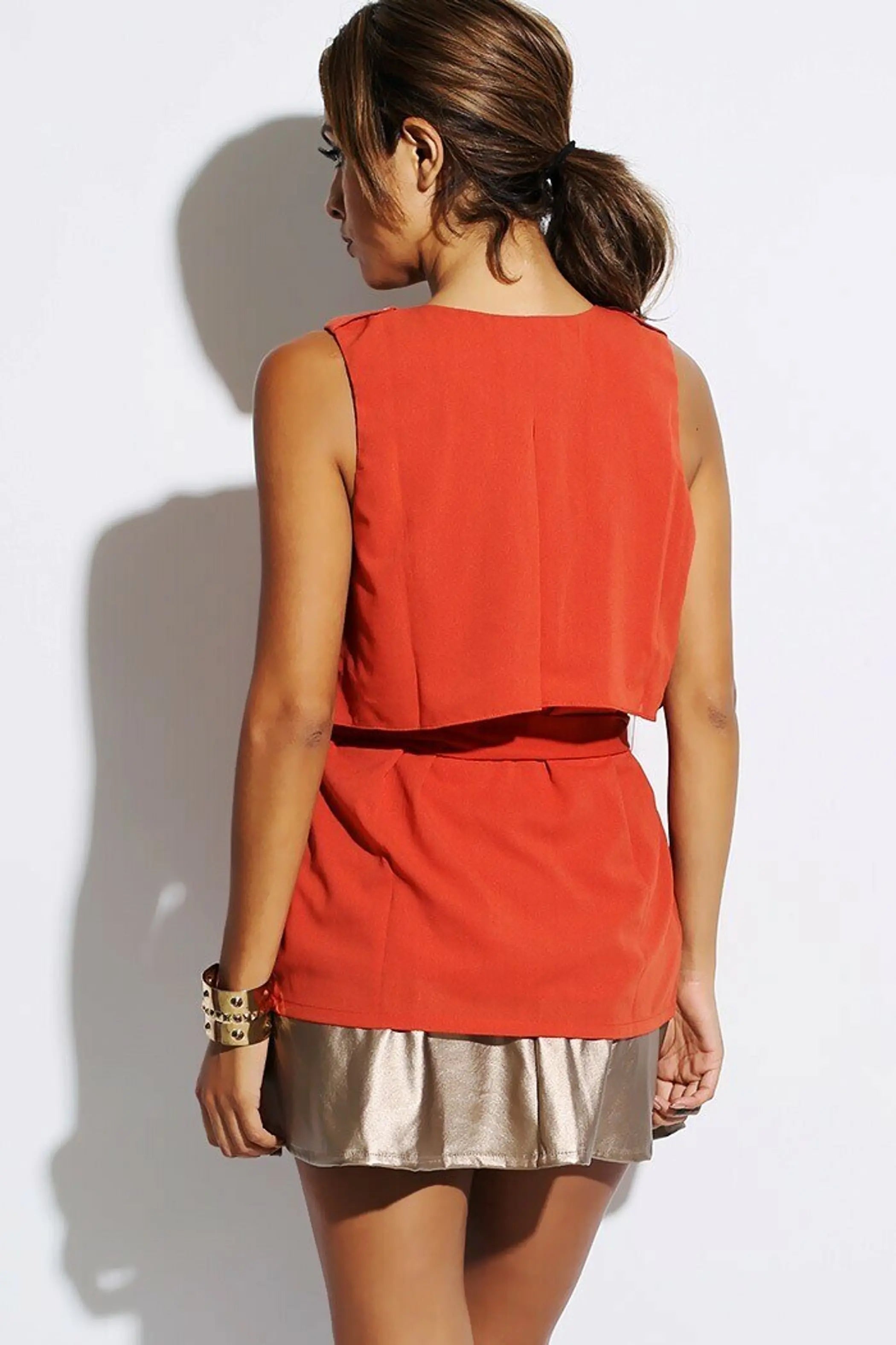 Rust Red Orange Ruffle Double Button Front Sash Tie Tank Top SurelyMine