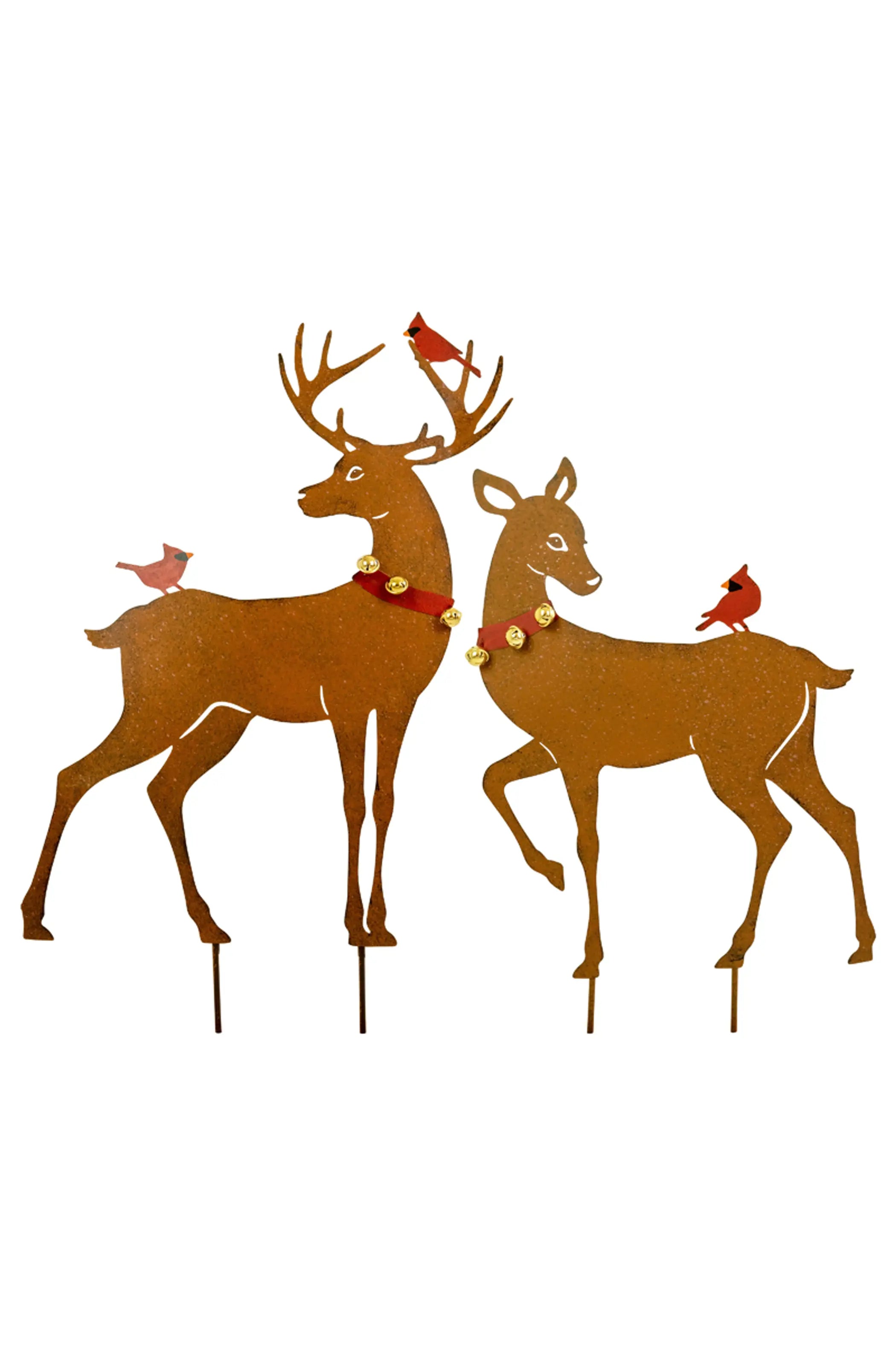 SET OF TWO RUSTIC REINDEER YARD ART WITH RED BIRDS Kalalou