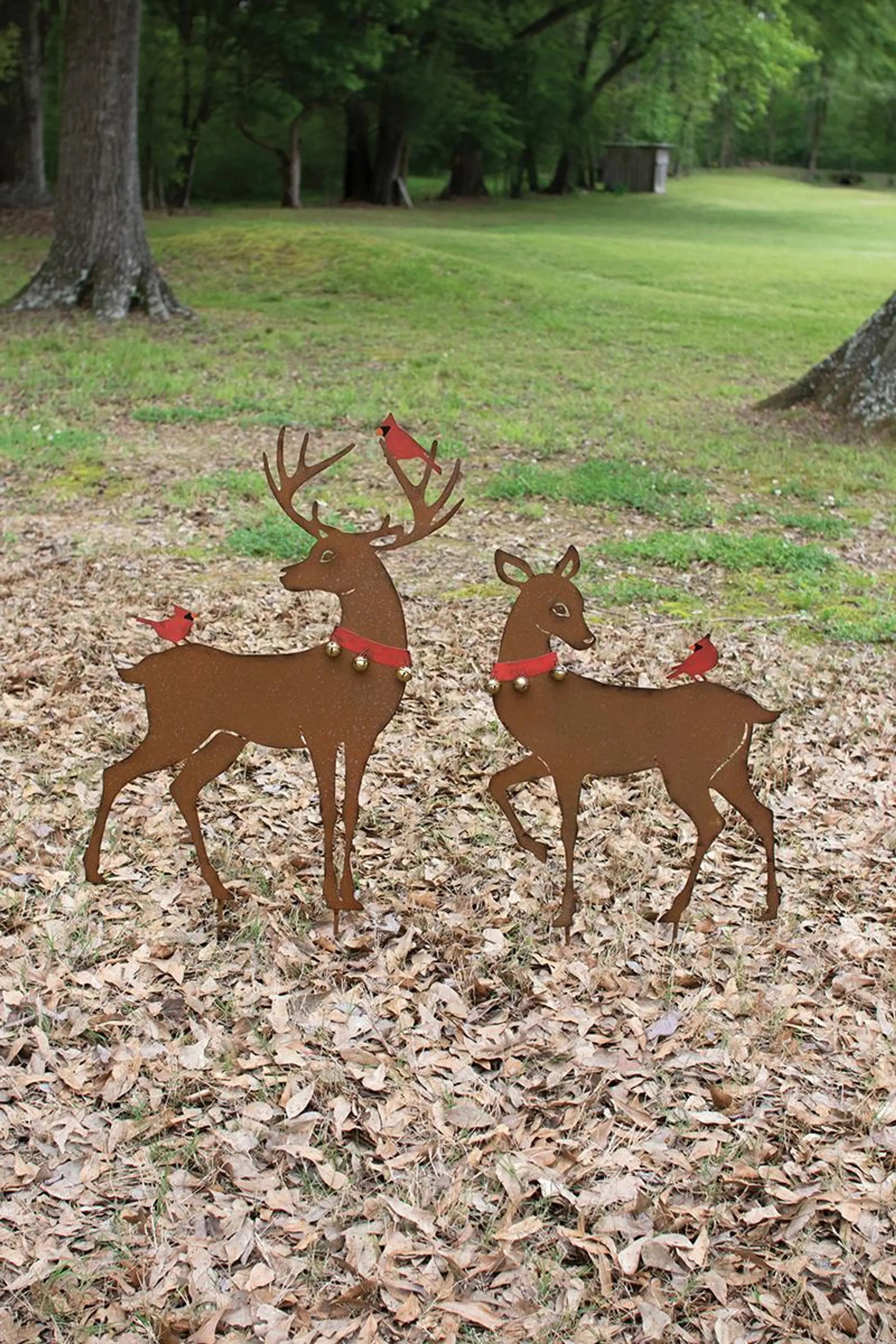 SET OF TWO RUSTIC REINDEER YARD ART WITH RED BIRDS Kalalou